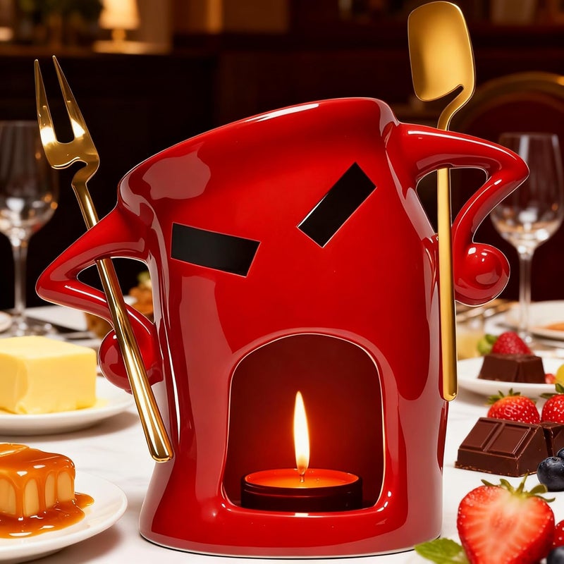 Thavgaf Ceramic Fondue Cup Set w/Built-In Fork & Spoon - Mini Chocolate/Cheese Fondue Mug | Microwave & Dishwasher Safe | Compact Gift-Ready (Red) - Image 4