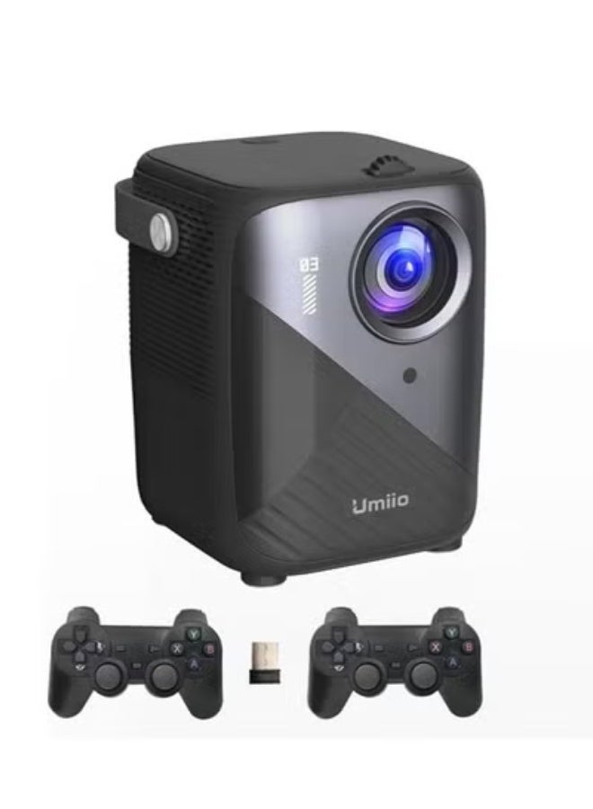 Umiio جهاز العرض الذكي Q3 برو – جهاز عرض مسرح منزلي محمول بدقة 4K HD مع واي فاي وبلوتوث، وحدات تحكم ألعاب لاسلكية مزدوجة، تصحيح الزاوية، متوافق مع أندرويد/آي أو إس/كمبيوتر شخصي – أسود - Image 1