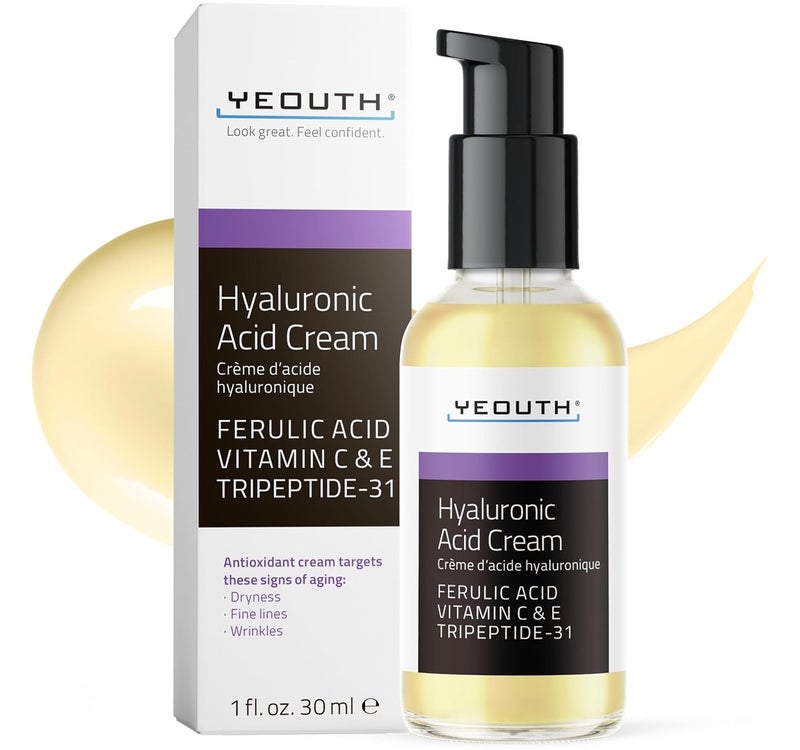كريم وجه مرطب حمض الهيالورونيك YEOUTH مع فيتامين C و E وحمض الفيروليك و Tripeptide 31 مرطب وجه مرطب حمض الهيالورونيك مناسب للبشرة الجافة والباهتة 1 أونصة