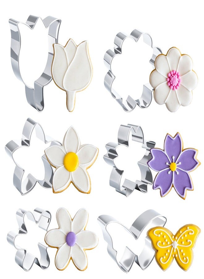 Wanmu 6PCS Flower Cookie Cutter Set, Summer Flowers Cookie Cutters-Daisy, Tulip, Butterfly, Biscuit Fondant Molds, Stainless Steel Cookie-Cutters, Christmas DIY Baking Tool - Image 1