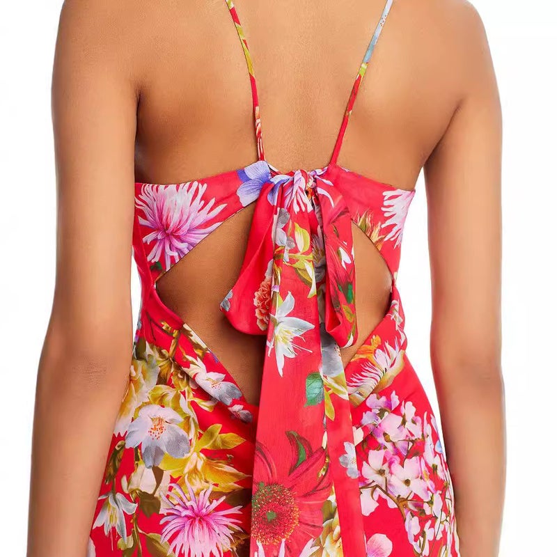 Floral Print Sleeveless Midi Dress with Bow Tie Backless - Image 2