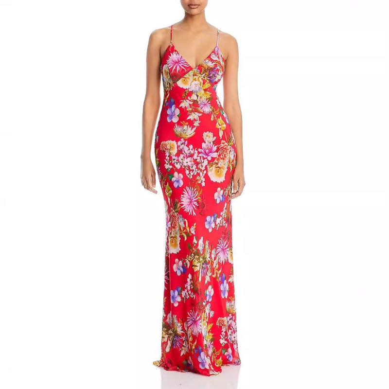 Floral Print Sleeveless Midi Dress with Bow Tie Backless - Image 1