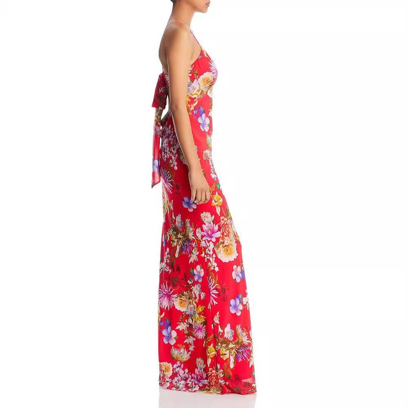 Floral Print Sleeveless Midi Dress with Bow Tie Backless - Image 3