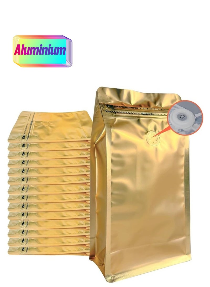 12Pcs Coffee Storage Bags With Valve Flat Bottom Self-Sealing Resealable Food Storage Bags For Food Dried Herbs Multi-Usage Golden Color  - Image 1