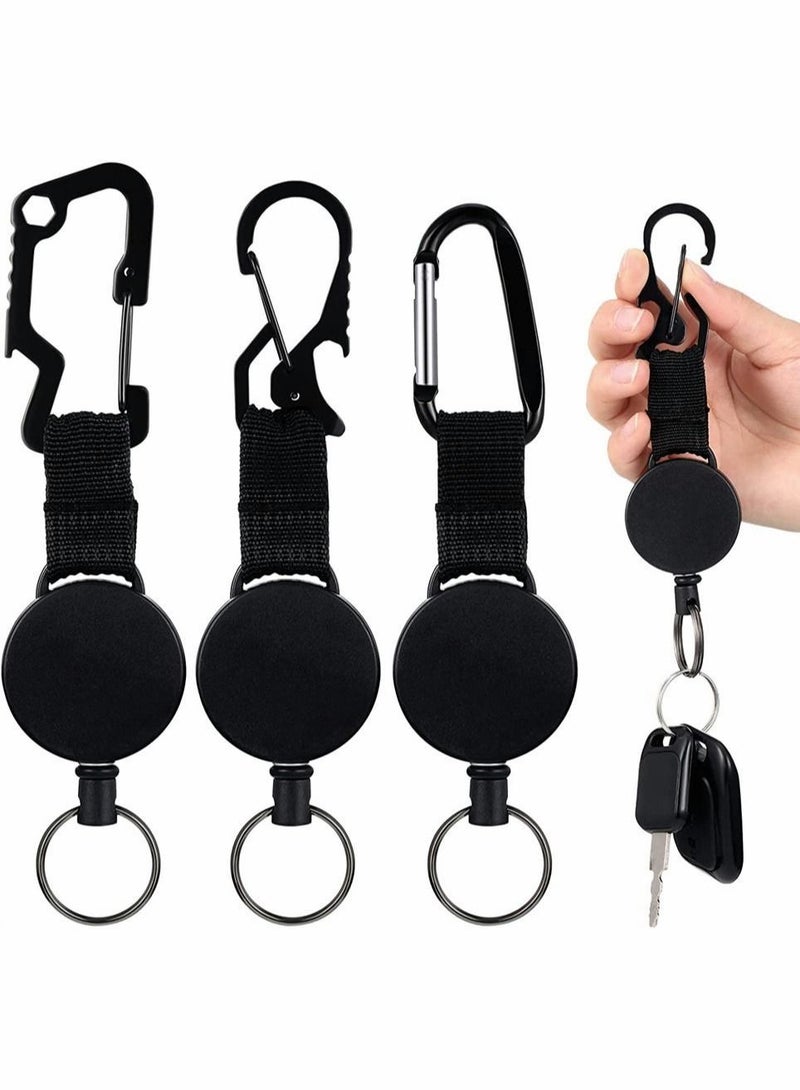 3 Pcs Retractable Keychain, Heavy Duty Carabiner Badge Holder, Tactical ID Badge Reel Clips Holder with 23.6 Inch Steel Retractable Cord for Hanging ID Card Name Key Chain (Black)  - Image 1