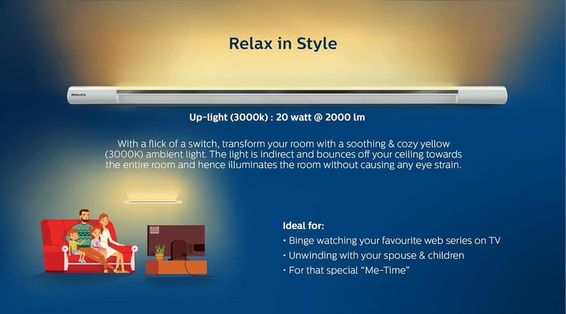 Philips Twinglow 20-Watt +20-Watt Led Up-Down Batten Tubelight (Yellow Uplight Relax Mode and White Downlight Work Mode) Aesthetic Design-Polycarbonate - Image 3