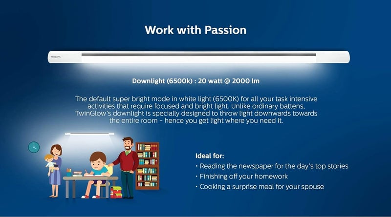 Philips Twinglow 20-Watt +20-Watt Led Up-Down Batten Tubelight (Yellow Uplight Relax Mode and White Downlight Work Mode) Aesthetic Design-Polycarbonate - Image 4