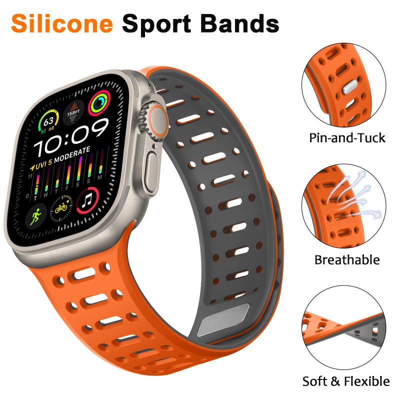 ZZDZZ Compatible with Apple Watch Band 49mm 46mm 45mm 44mm 42mm 41mm 40mm 38mm, Magnetic Silicone Sport Breathable Strap for iWatch Ultra 3/2/1 SE3 Series 11 10 9 8 7-1 (49/46/45/44/42, Orange/Gray) - Image 3