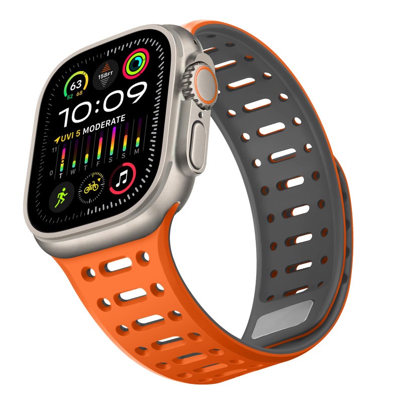 ZZDZZ Compatible with Apple Watch Band 49mm 46mm 45mm 44mm 42mm 41mm 40mm 38mm, Magnetic Silicone Sport Breathable Strap for iWatch Ultra 3/2/1 SE3 Series 11 10 9 8 7-1 (49/46/45/44/42, Orange/Gray) - Image 1