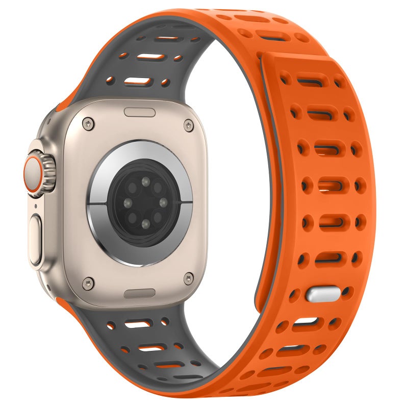 ZZDZZ Compatible with Apple Watch Band 49mm 46mm 45mm 44mm 42mm 41mm 40mm 38mm, Magnetic Silicone Sport Breathable Strap for iWatch Ultra 3/2/1 SE3 Series 11 10 9 8 7-1 (49/46/45/44/42, Orange/Gray) - Image 2