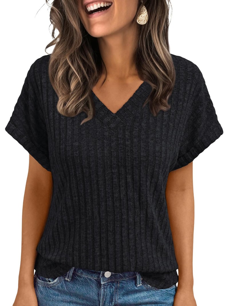AUTOMET Womens Spring Tops 2026 Summer Dressy Casual Blouses Short Sleeve Cute V Neck Sweater Shirts Fashion Vacation Clothes Black L - Image 1
