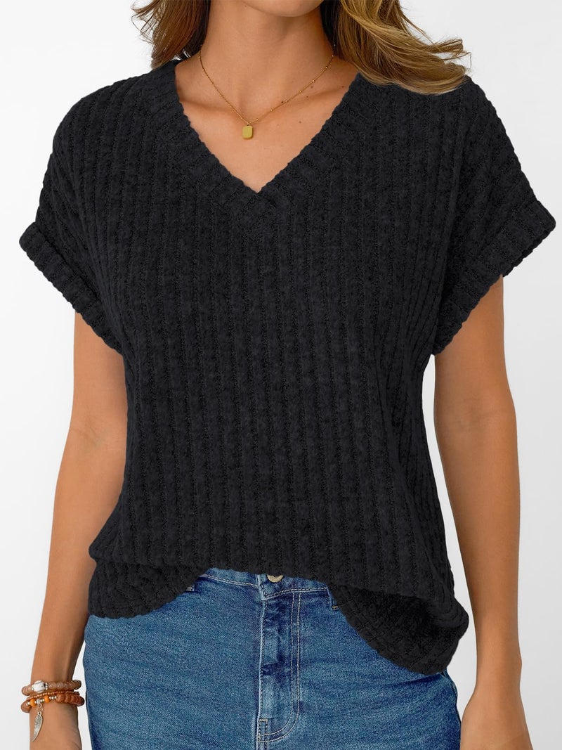 AUTOMET Womens Spring Tops 2026 Summer Dressy Casual Blouses Short Sleeve Cute V Neck Sweater Shirts Fashion Vacation Clothes Black L - Image 2