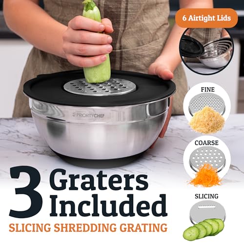 Priority Chef 6Pc Large Mixing Bowls With Lids Set with Non-Slip Bases, Stainless Steel Mixing Bowl Set, 6 Airtight Lids and 3 Graters, Black - Image 4