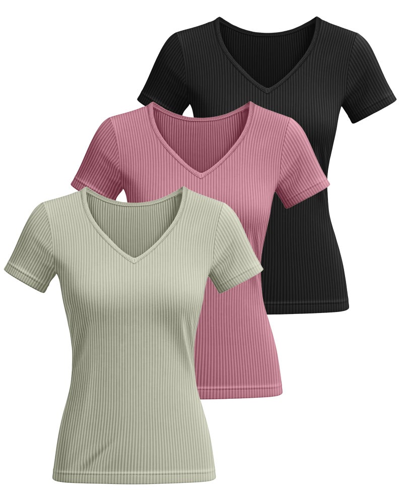 Ficerd 3 Pack Women's Short Sleeve Cotton T-Shirts V Neck Ribbed Slim Fit Tops Ladies' Casual Summer Basic Tee(Black, Gray Green, Pink,M) - Image 2