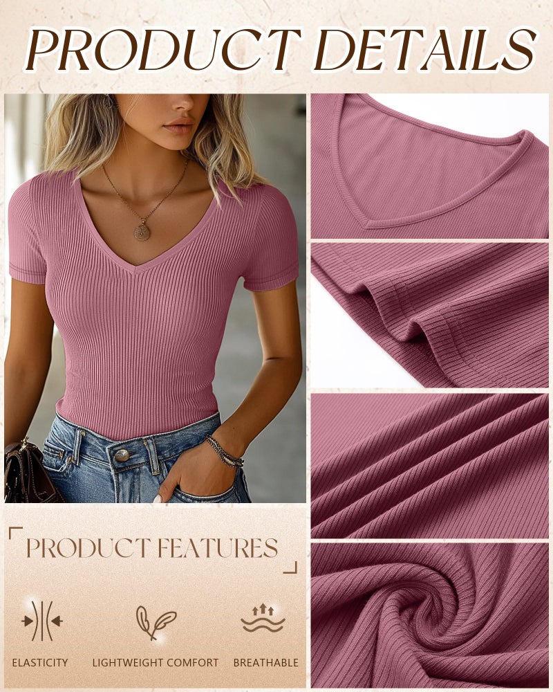 Ficerd 3 Pack Women's Short Sleeve Cotton T-Shirts V Neck Ribbed Slim Fit Tops Ladies' Casual Summer Basic Tee(Black, Gray Green, Pink,M) - Image 4