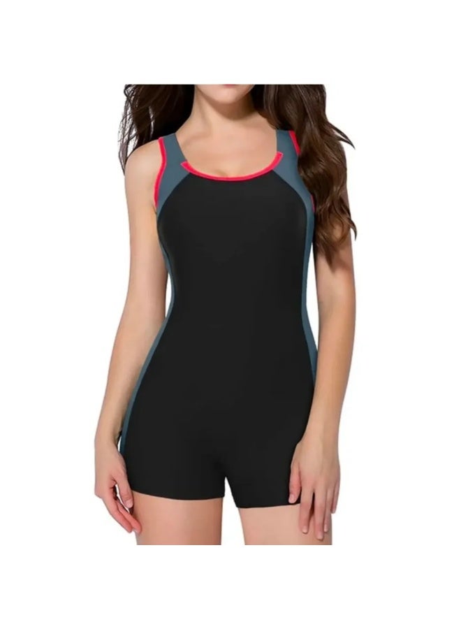 Women's One-piece Swimsuit Conservative Flat-angle Hot Spring Professional Stitching Swimsuit European And American Hot Swimsuit-Color:black Red- - Image 3