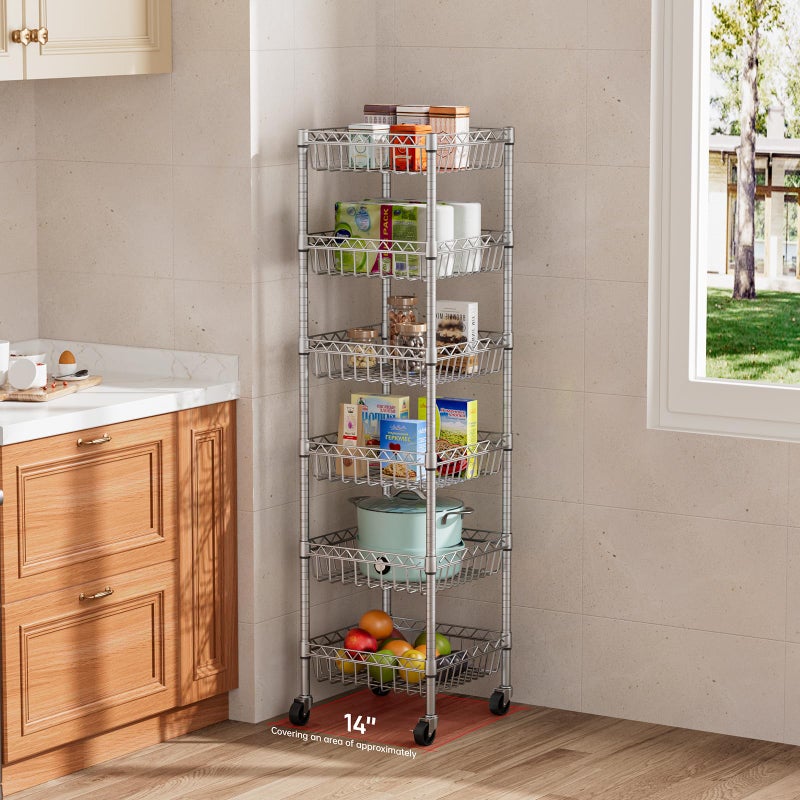 Golpart 6 Shelves Storage Shelf Wire Closet Bathroom Organizers Metal Pantry Kitchen Garage Shelving Unit Laundry Room Organization Home Rack Net Basket Silver with Wheels 14" Dx14 Wx64.8 H - Image 1