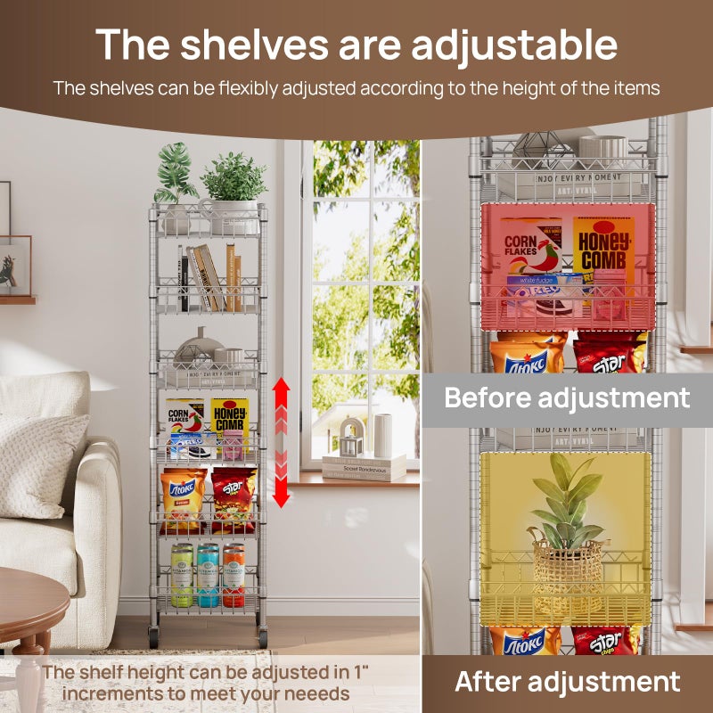 Golpart 6 Shelves Storage Shelf Wire Closet Bathroom Organizers Metal Pantry Kitchen Garage Shelving Unit Laundry Room Organization Home Rack Net Basket Silver with Wheels 14" Dx14 Wx64.8 H - Image 3