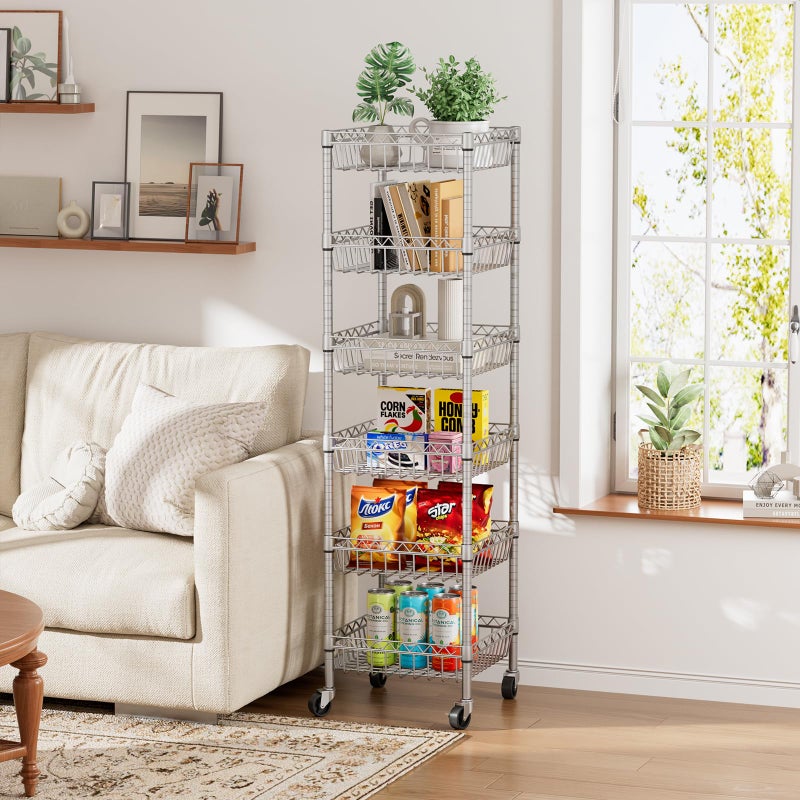 Golpart 6 Shelves Storage Shelf Wire Closet Bathroom Organizers Metal Pantry Kitchen Garage Shelving Unit Laundry Room Organization Home Rack Net Basket Silver with Wheels 14" Dx14 Wx64.8 H - Image 4