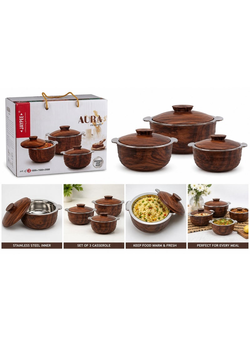 AURA Insulated Casserole Set of 3 Stainless Steel Hot Pot Food Warmer Set 1000ml + 1500ml + 2000ml with Lid for Serving, Dining & Kitchen Storage
