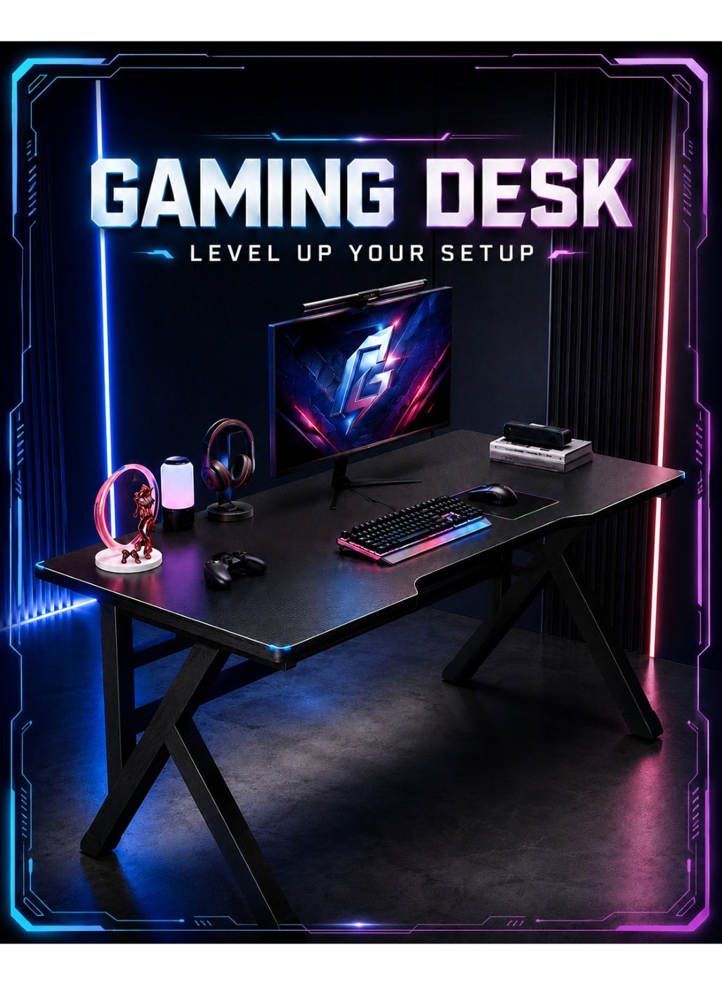 Large Gaming Desk, Black PC Computer Desk, Ergonomic Home Office Desk with Carbon Fiber Surface Gaming Table Workstation for Gift Idea, (Black, 100x60x75cm)