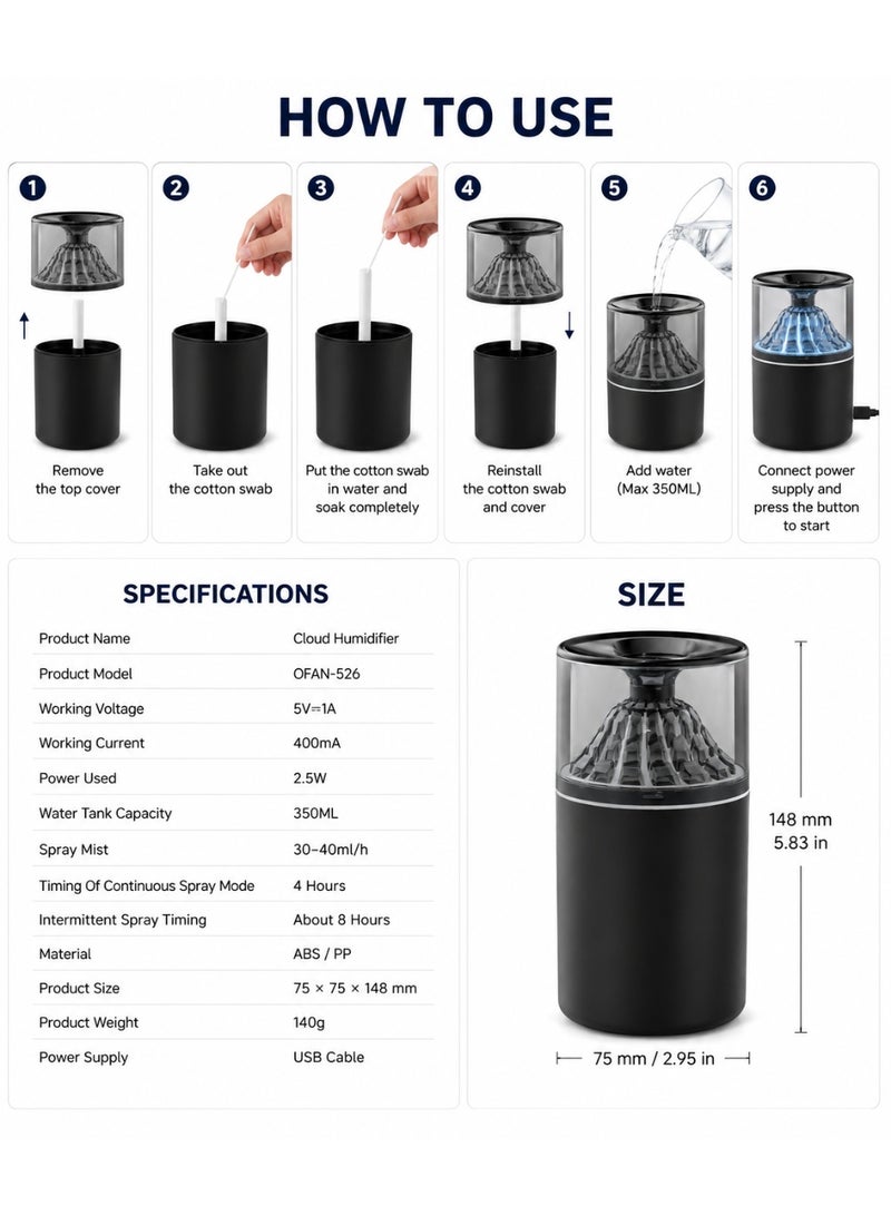350Ml Volcano Cloud Essential Oil Diffuser With Led Light, Fine Mist, Usb Home Fragrance Aroma Diffuser – Black - Image 3