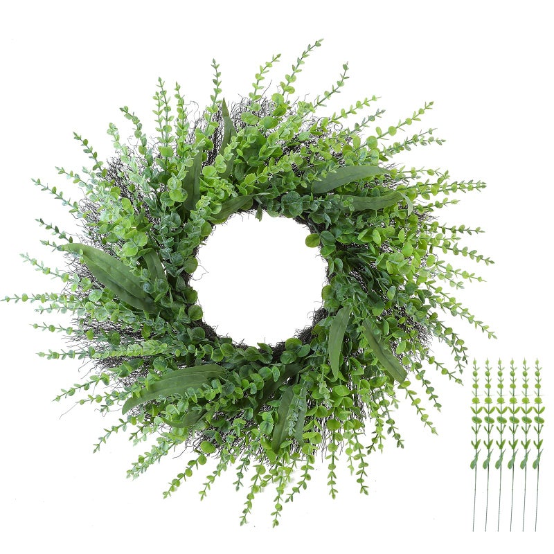 KuiMen KuiMen 26inch Boxwood Wreaths for Front Door 1Welcome Sign1Wreath Hanger Green Artificial entryway Large Wreath Sping Summer All Years Wall Door Home Farmhouse Decoration 