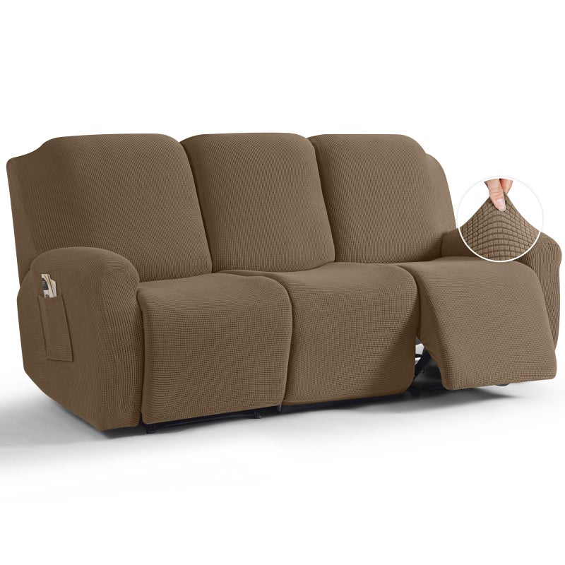 TAOCOCO Recliner Sofa Covers 8Pieces Stretch Large Couch Covers for 3 Seats Reclining Slipcovers Soft Jacquard Pattern Furniture Protector Khaki