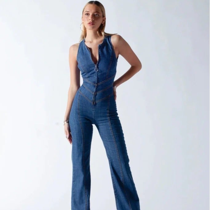 2023 Spring Chic High-Waist Denim Jumpsuit for Women White - Image 2
