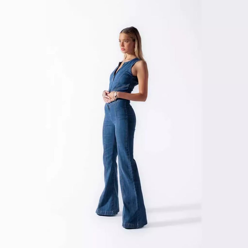 2023 Spring Chic High-Waist Denim Jumpsuit for Women White - Image 3
