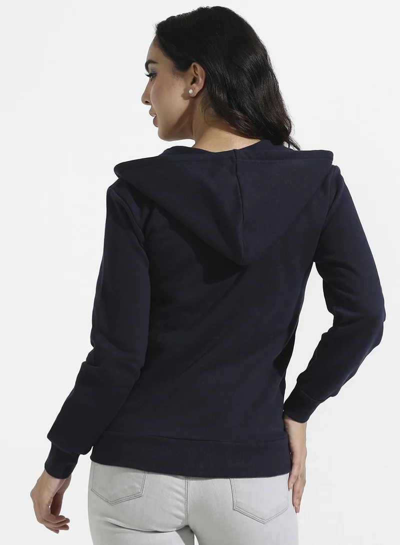Pinacolada  Women's Navy Blue Solid Zip-Front Hoodie For Casual Wear | Hooded Neck | Long Cuffed Sleeves | Zipper Closure | Sweatshirt Crafted With Comfort Fit For Everyday Wear for Women | Best Price UAE