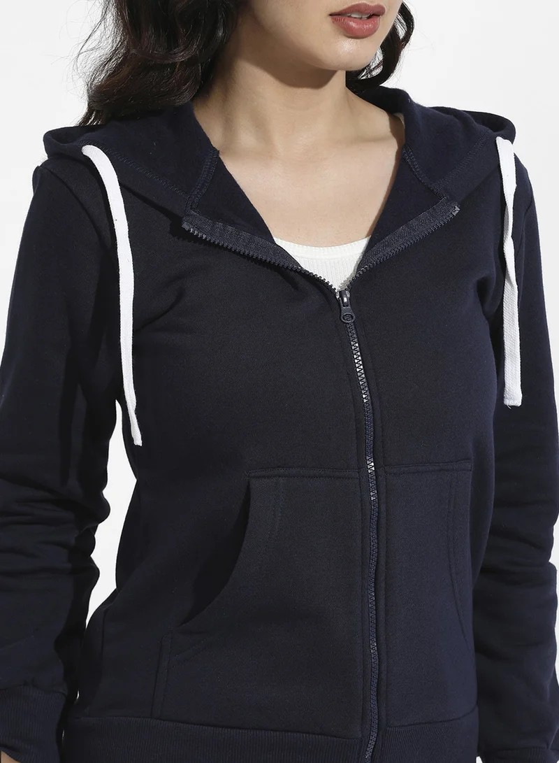 Pinacolada  Women's Navy Blue Solid Zip-Front Hoodie For Casual Wear | Hooded Neck | Long Cuffed Sleeves | Zipper Closure | Sweatshirt Crafted With Comfort Fit For Everyday Wear for Women | Best Price UAE