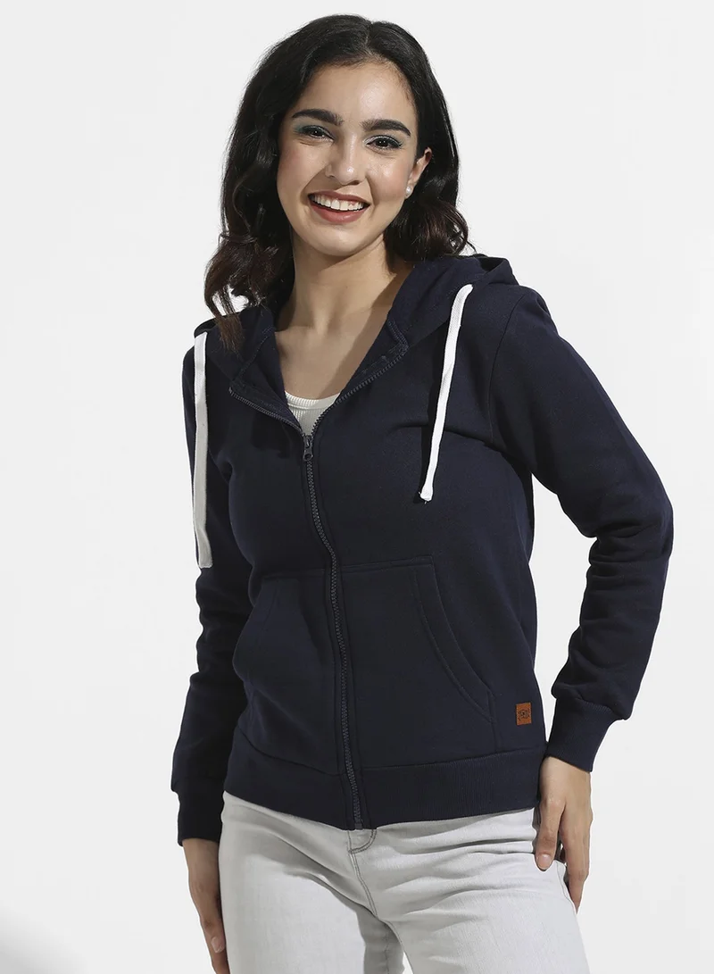 Women's Navy Blue Solid Zip-Front Hoodie For Casual Wear | Hooded Neck | Long Cuffed Sleeves | Zipper Closure | Sweatshirt Crafted With Comfort Fit For Everyday Wear