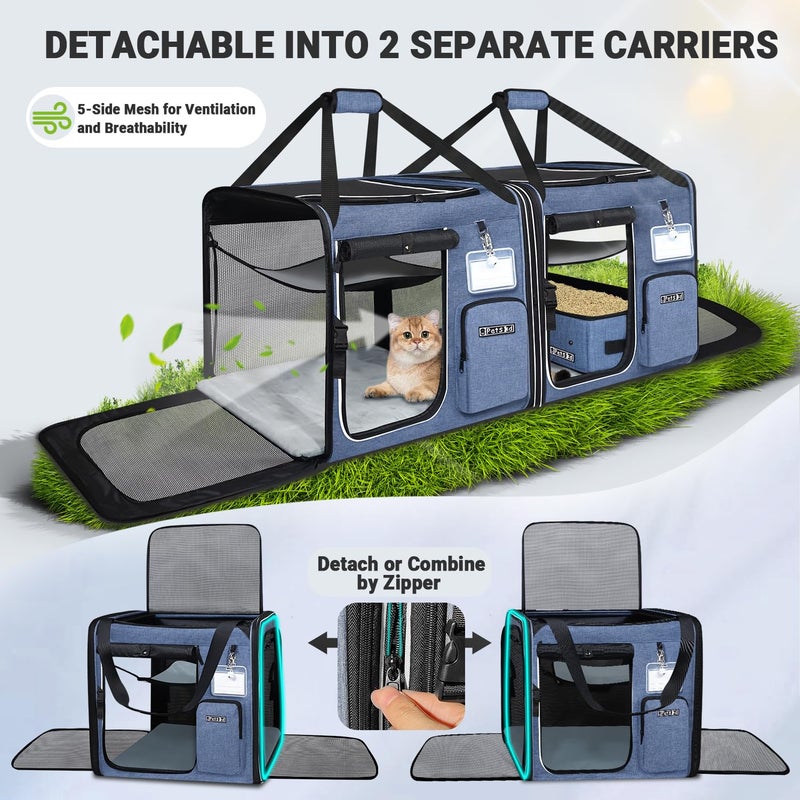 Petskd 2 in 1 Double Cat Car Travel Carrier with Litter Box, 38"x17"x18" Portable Dual Extra Large Cat Carrier for Multiple Cats with Zipper Locks for Moving Across The Country - Image 5