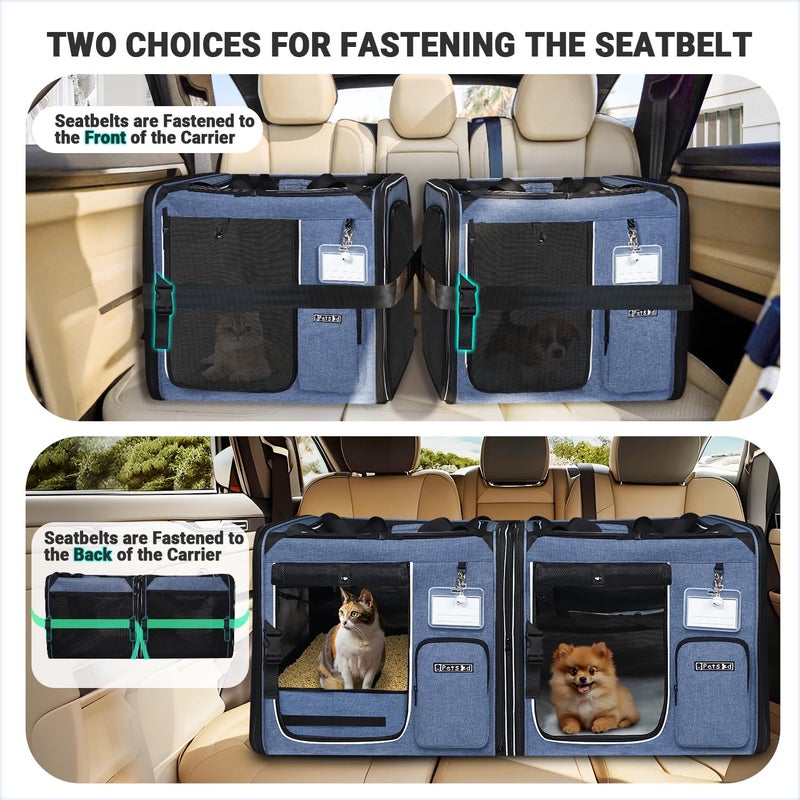 Petskd 2 in 1 Double Cat Car Travel Carrier with Litter Box, 38"x17"x18" Portable Dual Extra Large Cat Carrier for Multiple Cats with Zipper Locks for Moving Across The Country - Image 3