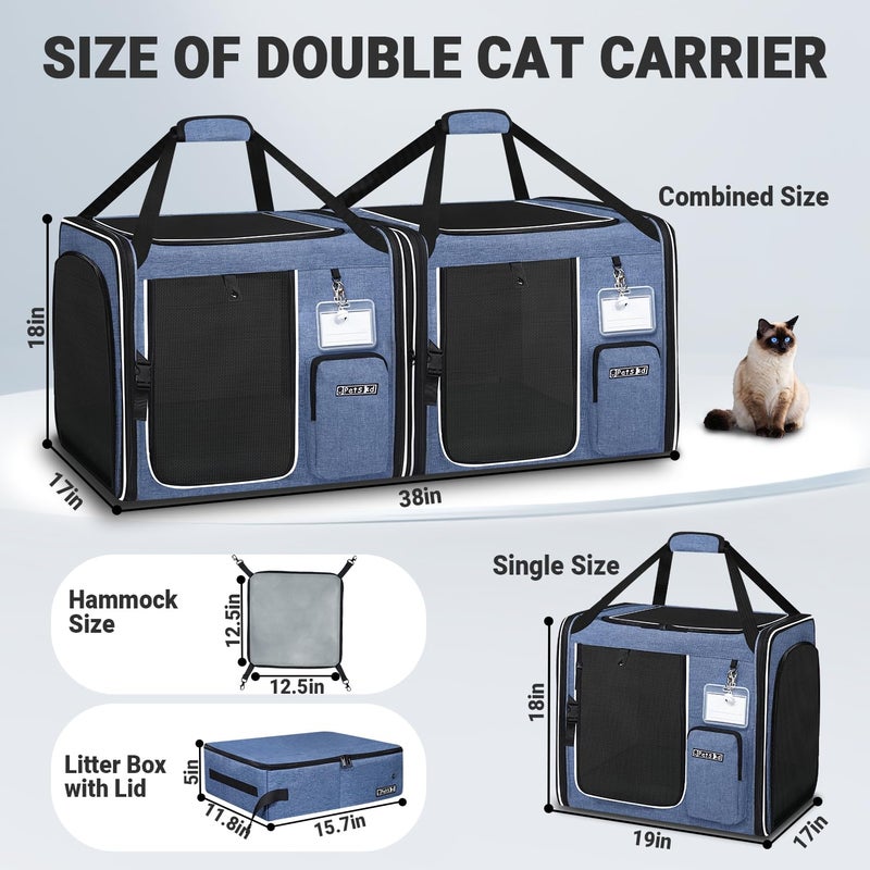 Petskd 2 in 1 Double Cat Car Travel Carrier with Litter Box, 38"x17"x18" Portable Dual Extra Large Cat Carrier for Multiple Cats with Zipper Locks for Moving Across The Country - Image 2