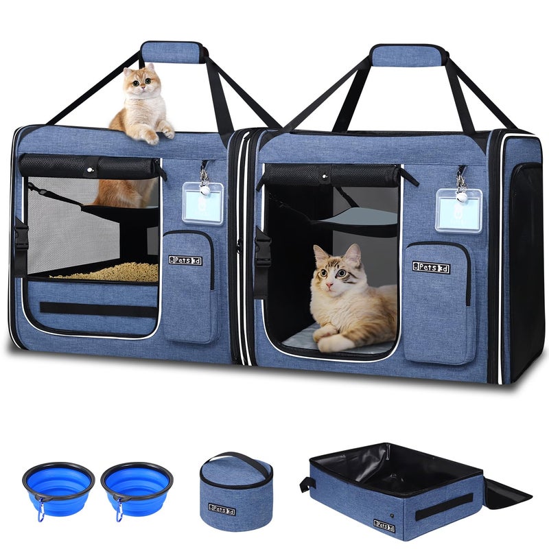 Petskd 2 in 1 Double Cat Car Travel Carrier with Litter Box, 38"x17"x18" Portable Dual Extra Large Cat Carrier for Multiple Cats with Zipper Locks for Moving Across The Country - Image 1
