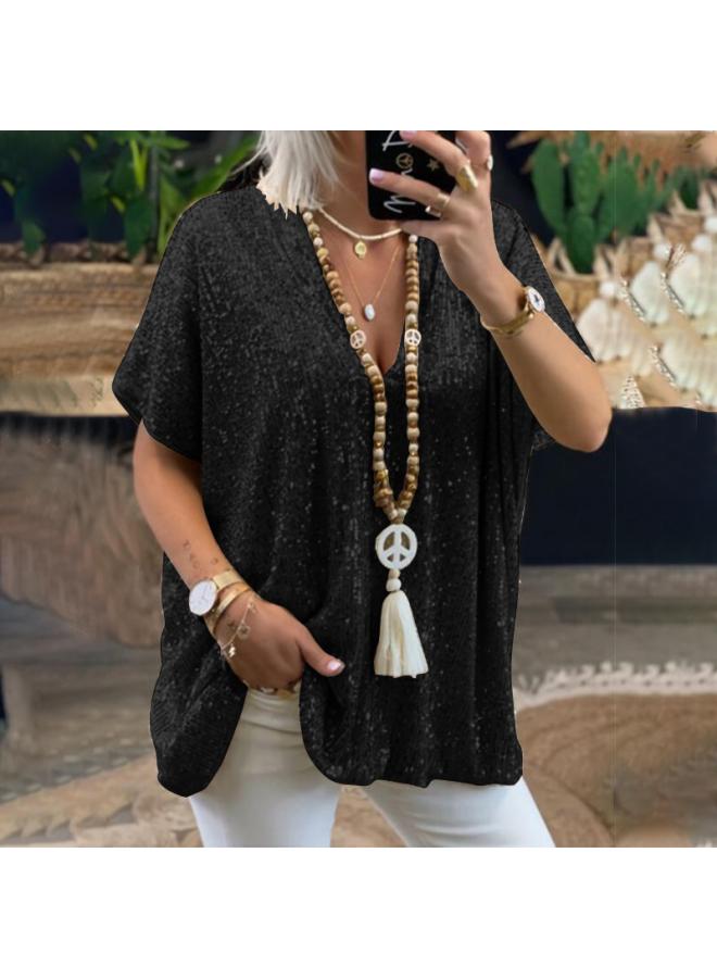 Summer New European And American Short-sleeved Casual Fashion Loose Turtleneck Sequ V-neck T-shirt Top Women's Clothing