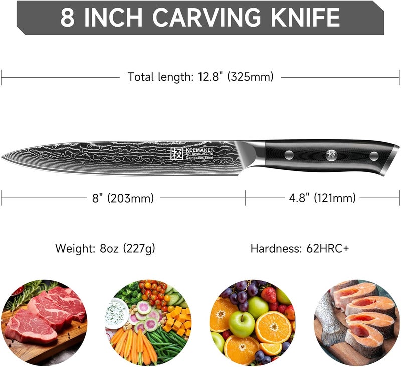 KEEMAKE Carving Knife for Meat, 8 Inch Ultra Sharp Damascus Kitchen Knives with G10 Ergonomic Handle, Brisket Knife for Meat Cutting, Japanese Knives for BBQ Ham Roast Turkey Vegetable - Image 2