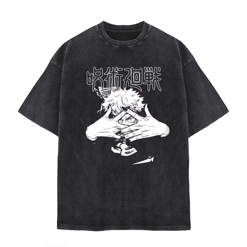 T-Shirt Printed T-Shirt Casual Breathable Washed T-Shirt Street Anime Cotton Men'S Hip-Hop - Image 1