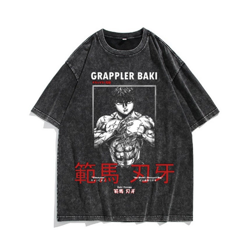 T-Shirt Printed T-Shirt Casual Breathable Washed T-Shirt Street Anime Cotton Men'S Hip-Hop - Image 2