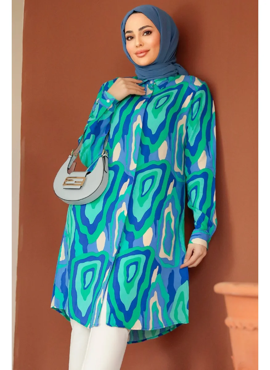 Neva Style Patterned Indigo Blue Hijab Tunic 11679IM