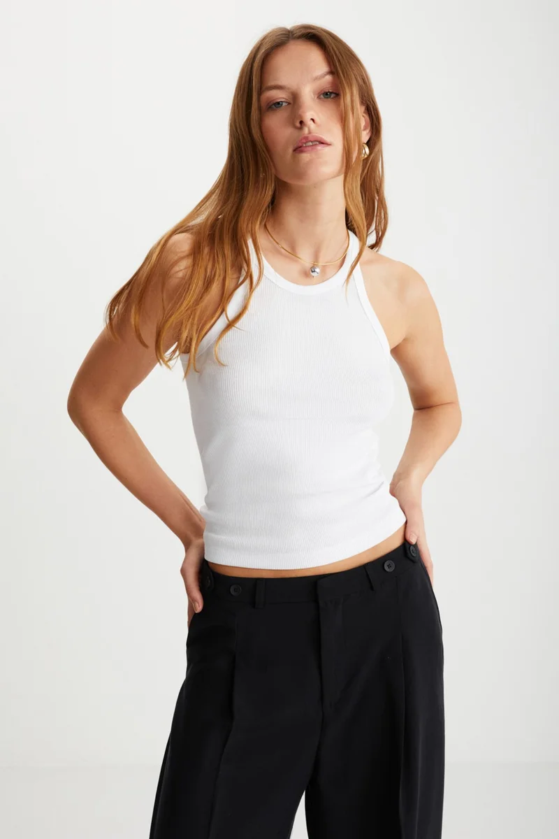 GRIMELANGE Missy Women's Halter Neck Short White T-Shirt
