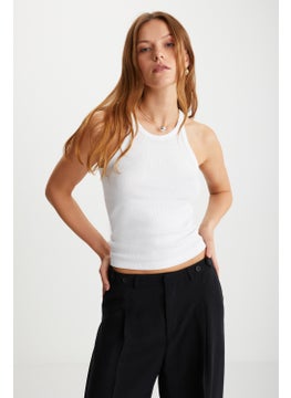 GRIMELANGE Missy Women's Halter Neck Short White T-Shirt  - Image 3