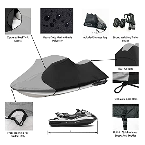 Jetpro Trailerable Jet Ski Cover, Waterproof Marine Grade 600D Heavy Duty Polyester PWC Cover Gray/Black Color Fits from 126"-135" 3 Seater - Image 2