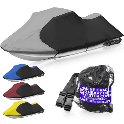 Jetpro Trailerable Jet Ski Cover, Waterproof Marine Grade 600D Heavy Duty Polyester PWC Cover Gray/Black Color Fits from 126"-135" 3 Seater - Image 1