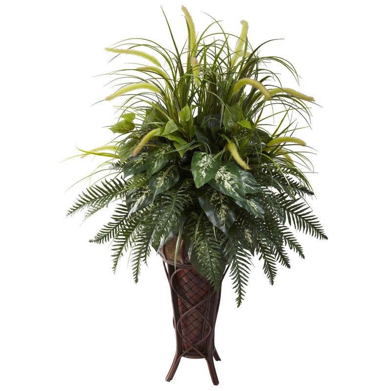 Nearly Natural Nearly Natural 6725 Mixed Greens and Cattails Plant with Stand Planter Green 34 x 32 x 50 