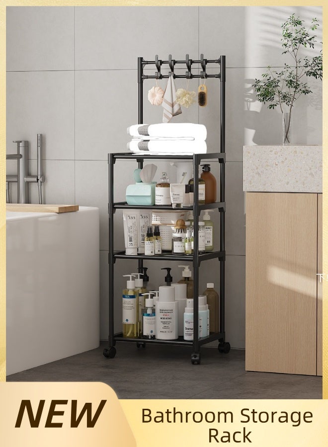 4 - Tier Rolling Bathroom Storage Rack with Wheels - High - Quality Metal Multifunctional Shelves for Bathroom, Kitchen, Balcony & Garden (Black) - Image 1