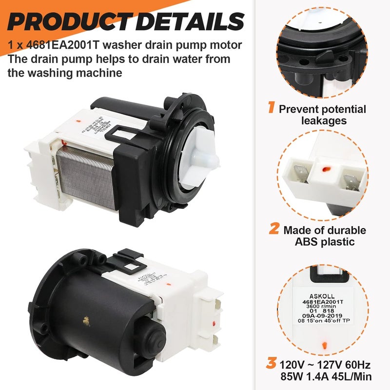 Beaquicy 4681EA2001T OEM Washer Drain Pump Motor Replacement for Kenmore & LG - AP5328388 4681EA1007G 4681EA1007D - Fits WM2101HW WM3270CW WM3431HS WM3770HVA Washing Machines - Image 2