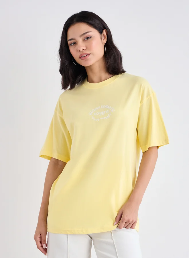 ستايلي Styli Slogan Print Short Sleeve Oversized T-Shirt